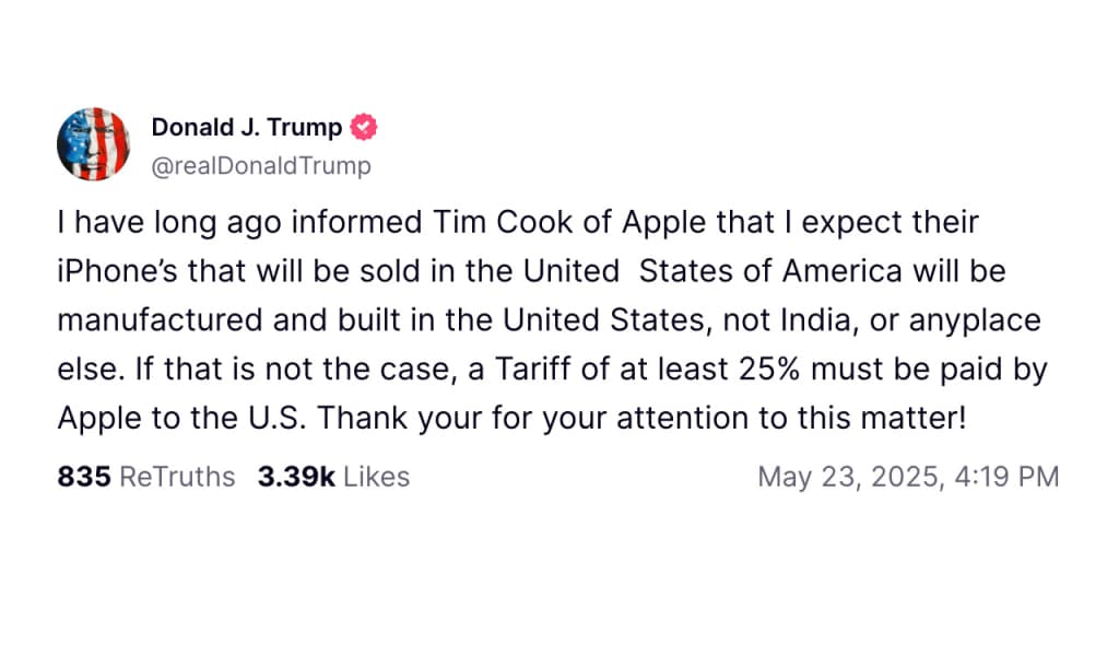 Tramp iPhone ishlab chiqarishni AQSHga qaytarmasa, Apple’ga 25 foizlik boj bilan tahdid qilmoqda