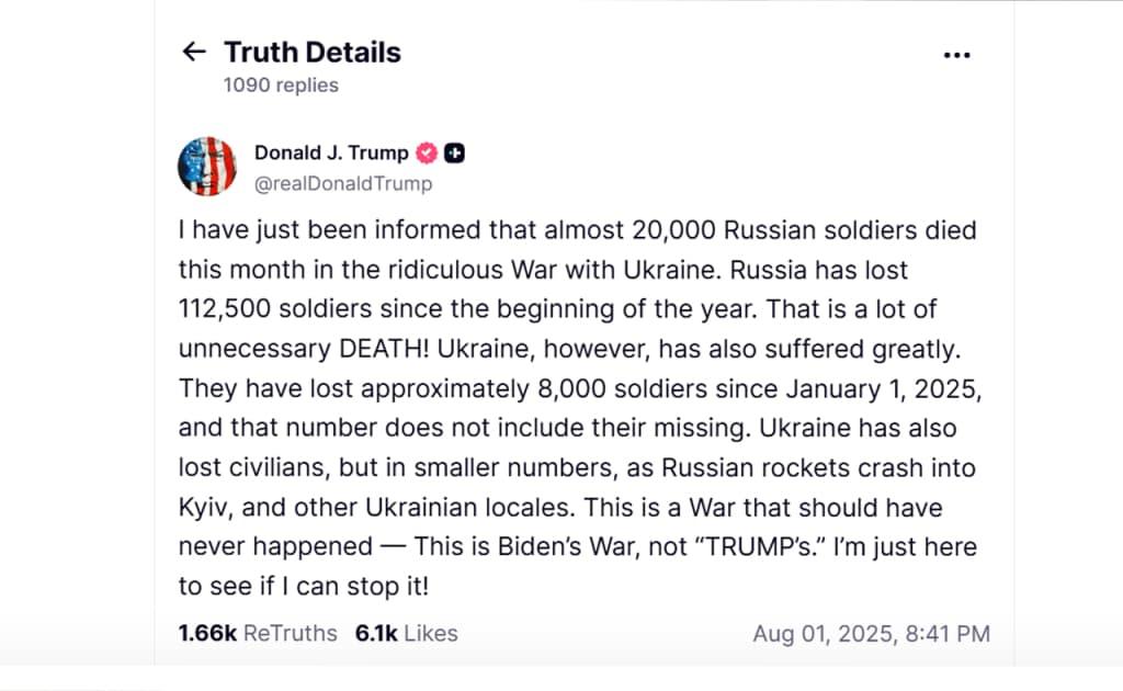 Tramp Rossiyaning ulkan yo‘qotishlarini e’lon qilib, ularni Ukrainaning yo‘qotishlari bilan solishtirdi