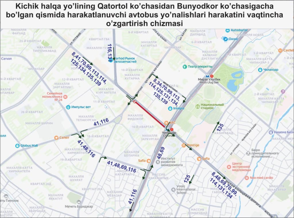 Toshkentda 15 ta avtobus yo‘nalishi vaqtincha o‘zgartirildi