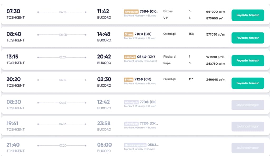 Toshkent–Chinorkent elektropoyezd narxlari 50 foizga oshmoqda