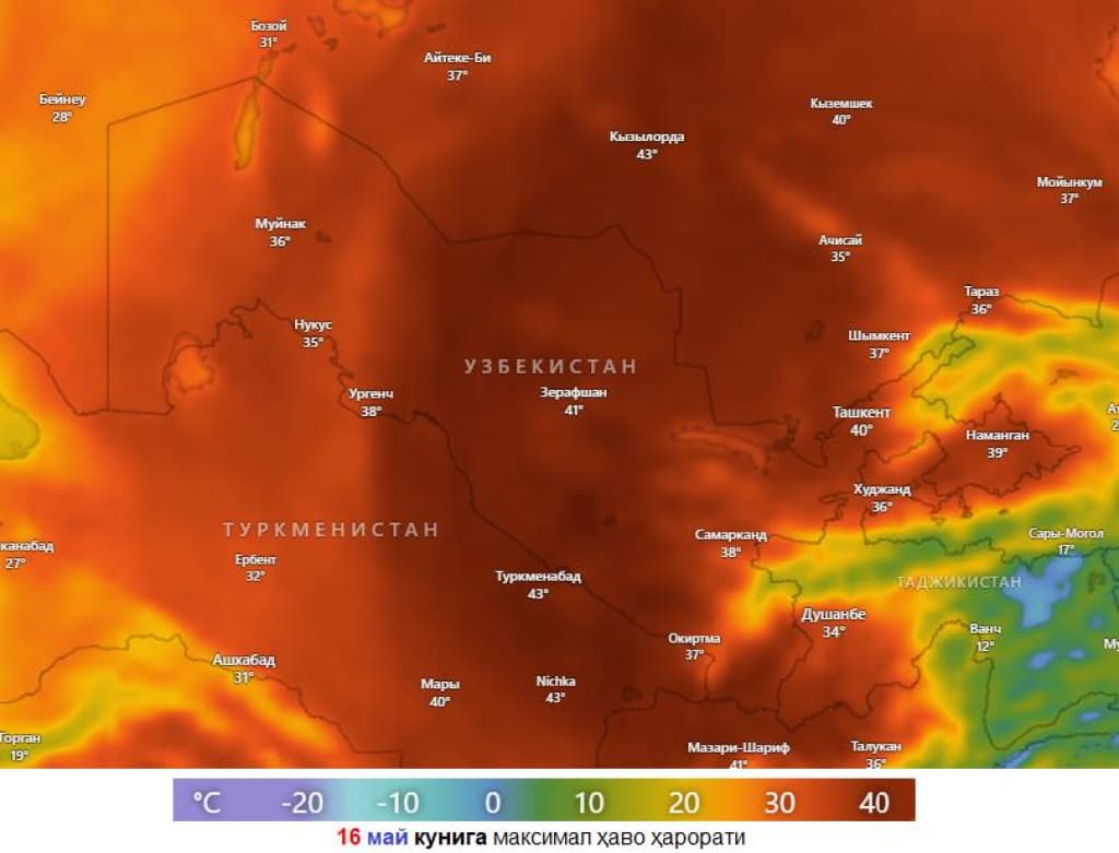 O‘zbekistonda keyingi kunlarda 43 darajagacha issiq kutilmoqda