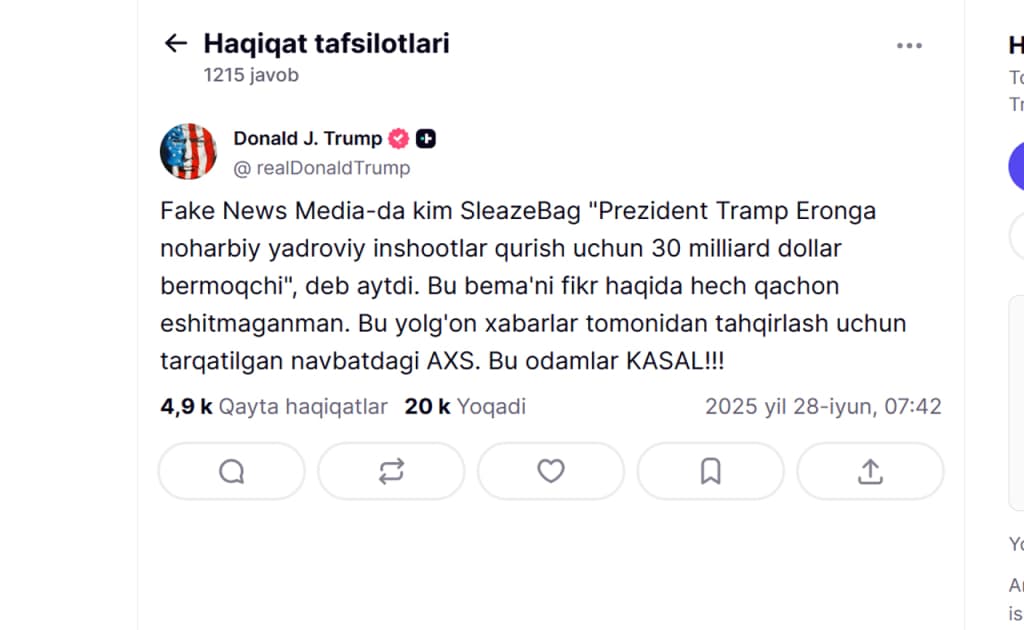 Donald Tramp Eronga 30 mlrd taklif qilingani haqidagi xabarni rad etdi