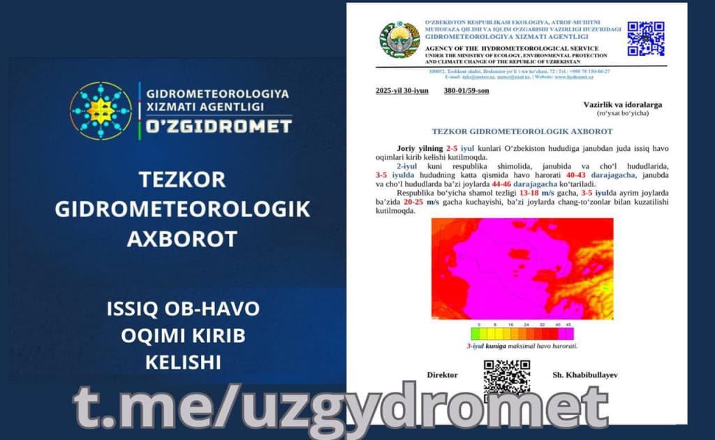 Tezkor gidrometeorologik axborot: O‘zbekistonga 46 darajagacha issiq havo kirib keladi