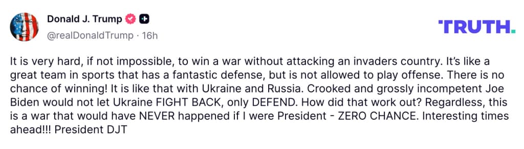 Tramp: «Bosqinchiga hujum qilmasdan urushda g‘alaba qozonish mumkin emas»